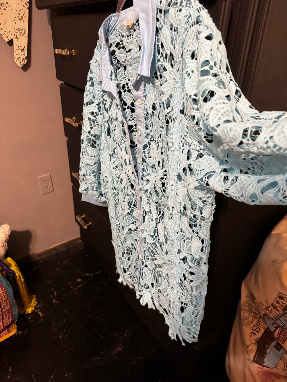 POL Light Blue chambray accented by Aqua Embroidered shirt Button-Front Top 1